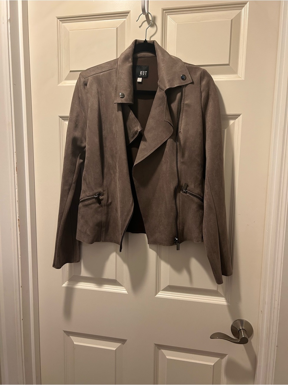 Kut from the Kloth taupe moto-style suede jacket